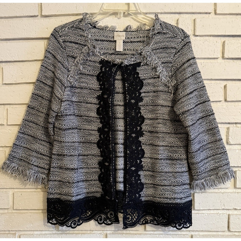 Chico's 1 Tweed Jacket Sz‎ Med. Black White w/Lace Trim Open Front Fringe